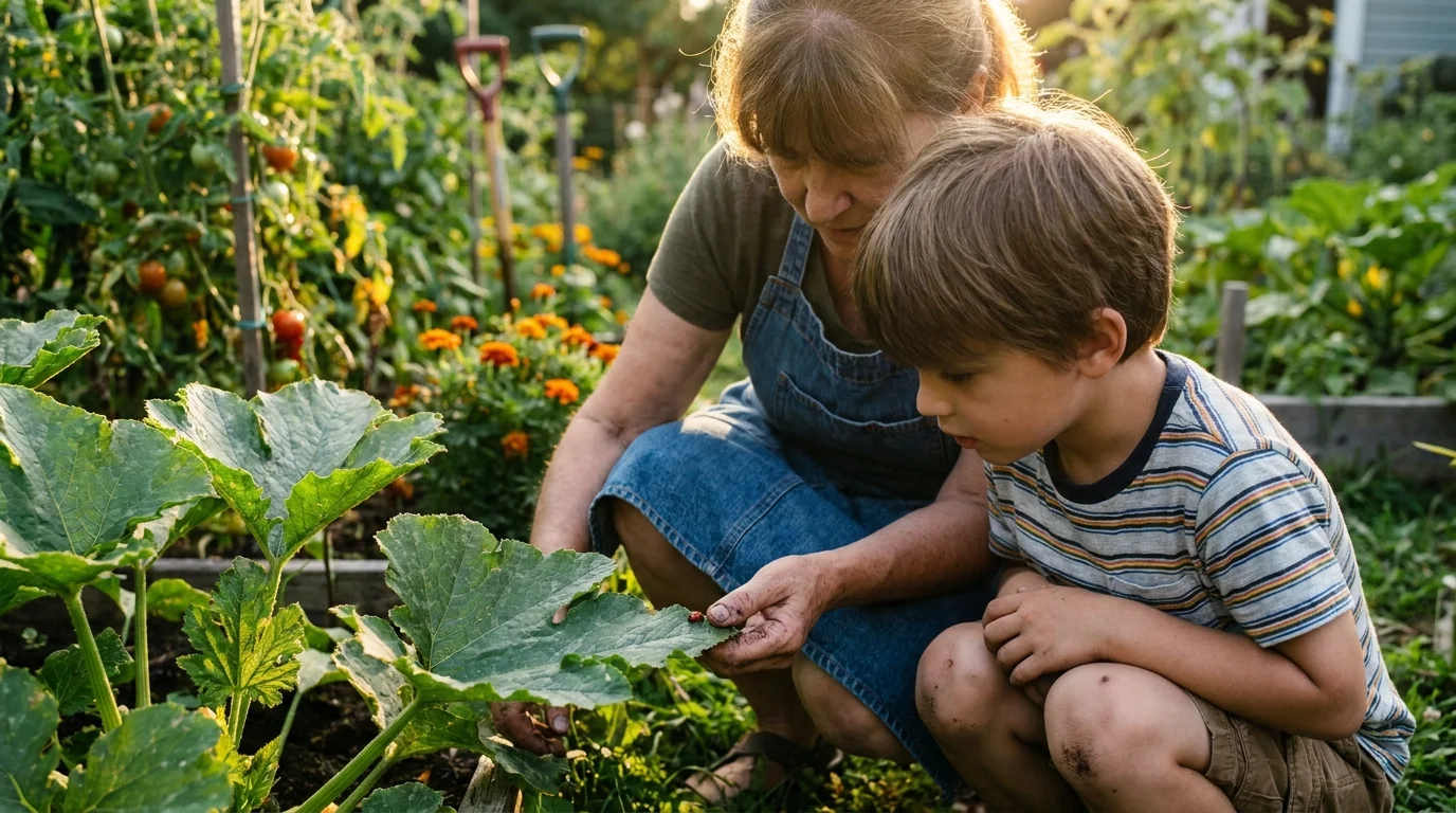 A grandmother and grandson crouched in a sunny garden, looking closely at a ladybug on a leaf.