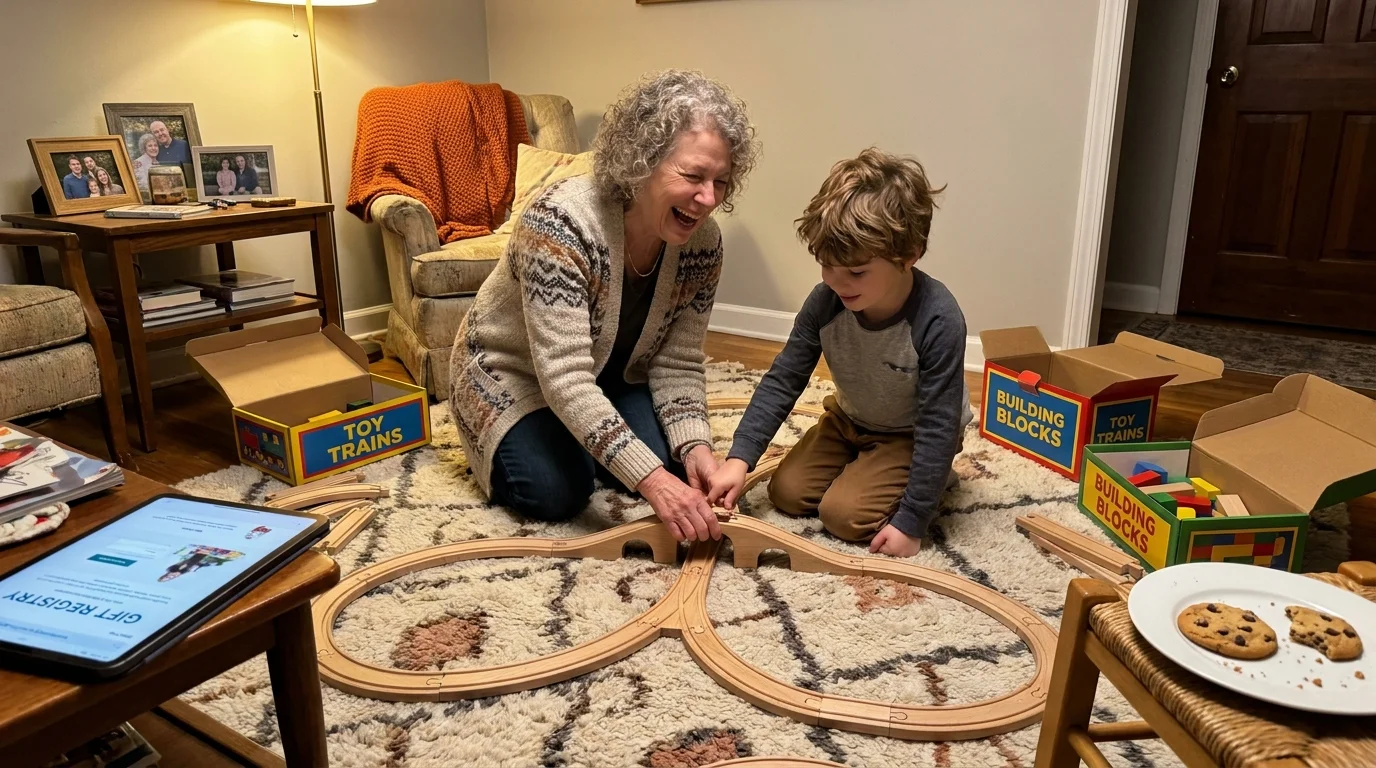 A grandmother and grandson playing with wooden trains on a living room floor, showing the joy of family spending.