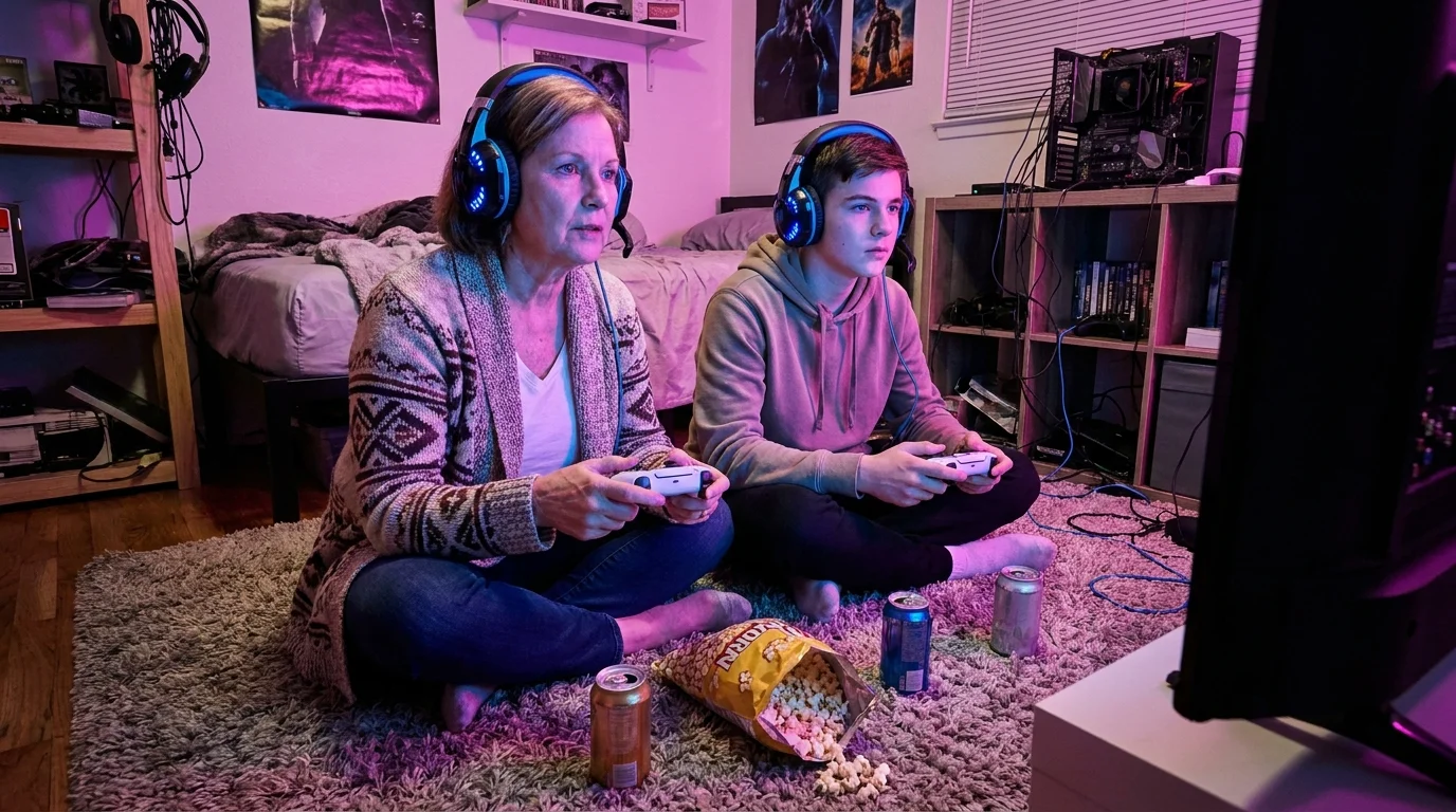 A grandmother and grandson sitting on a bedroom floor, wearing gaming headsets and holding controllers while playing a video game together.