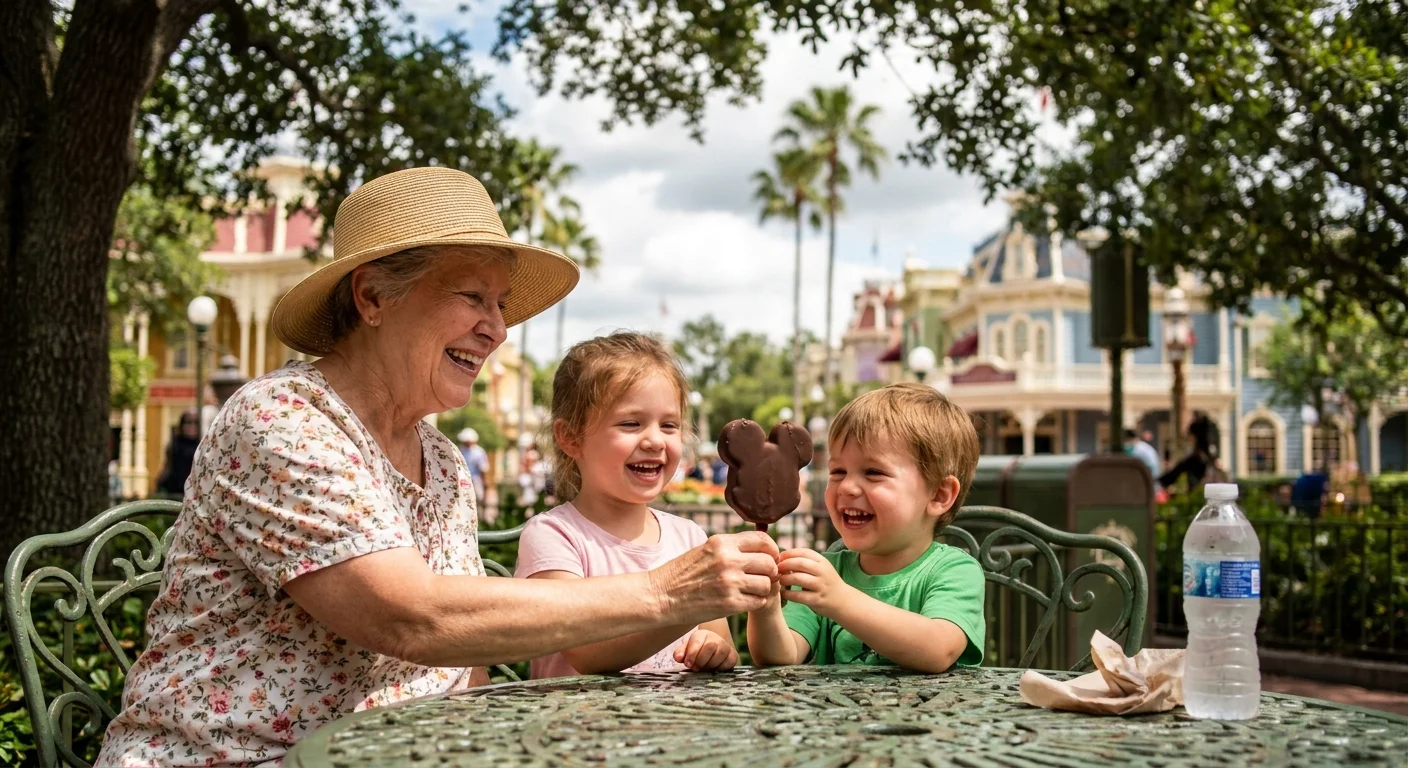 A grandmother and her grandchildren enjoy a cold treat in a shaded garden area of an Orlando theme park.