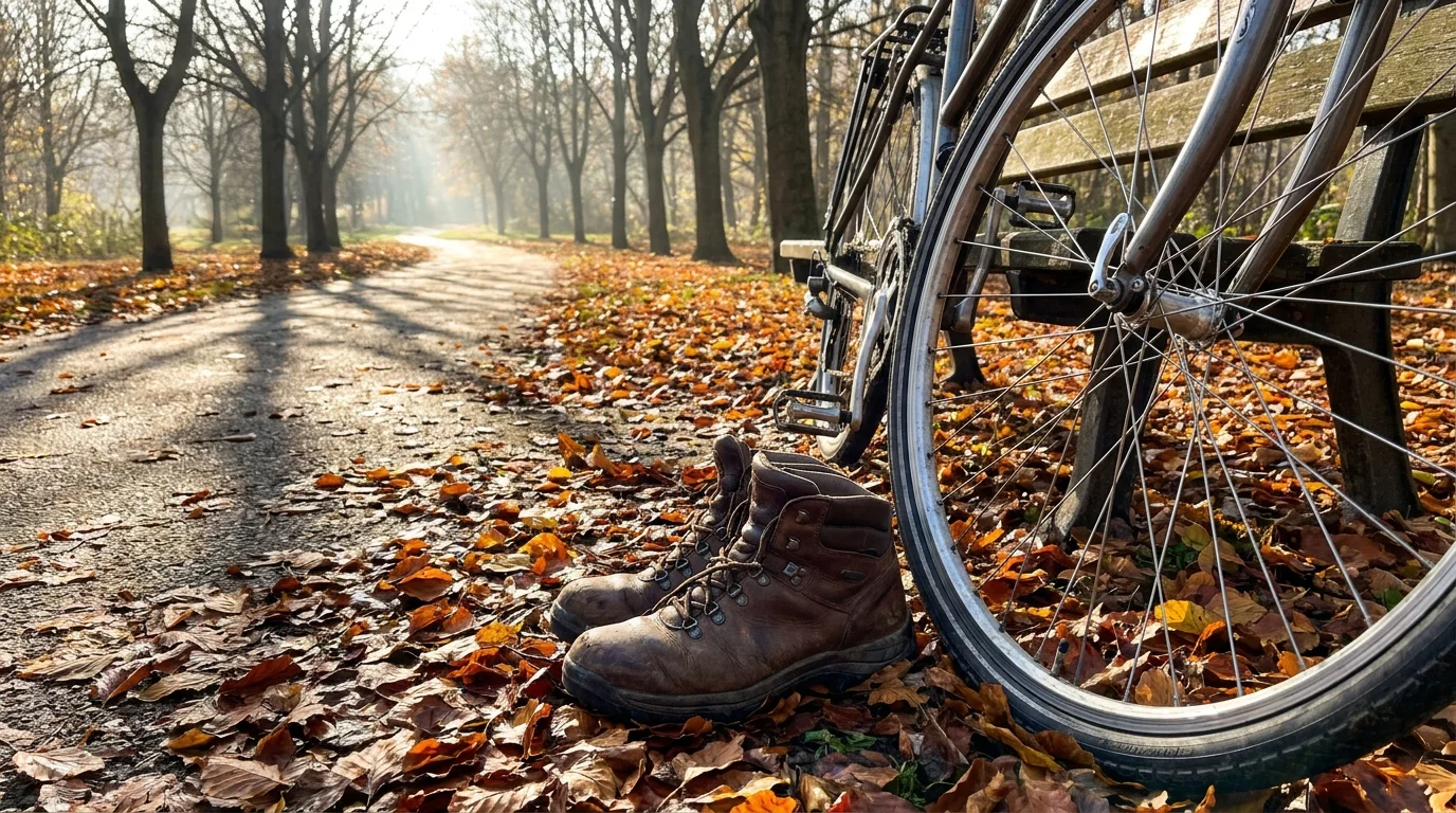 A ground-level photo of walking shoes and a bike wheel on a park path covered in autumn leaves.