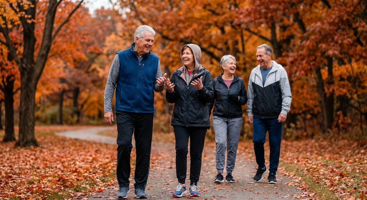 A group of active seniors laughing and talking while walking together on a tree-lined park path.