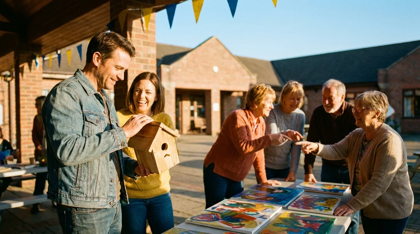 A group of happy seniors sharing their various hobbies at a sunny outdoor community center event.