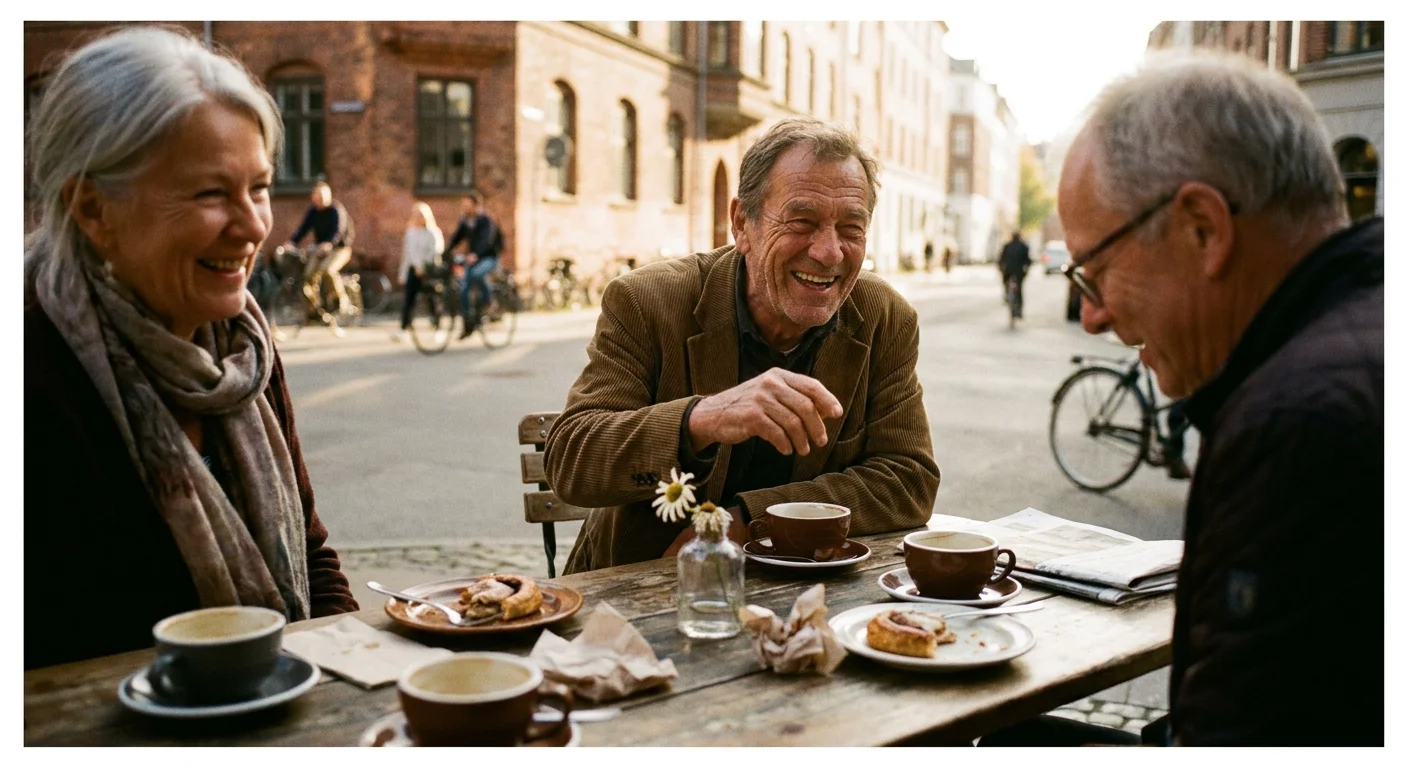 A group of retired friends laughing together at an outdoor cafe during golden hour.