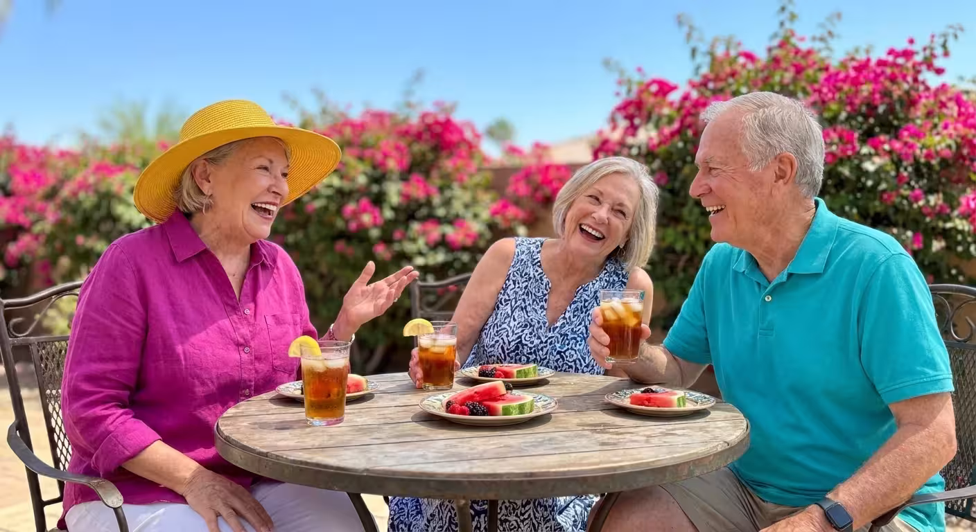 A group of senior friends laughing and sharing a meal on a sunny outdoor patio.