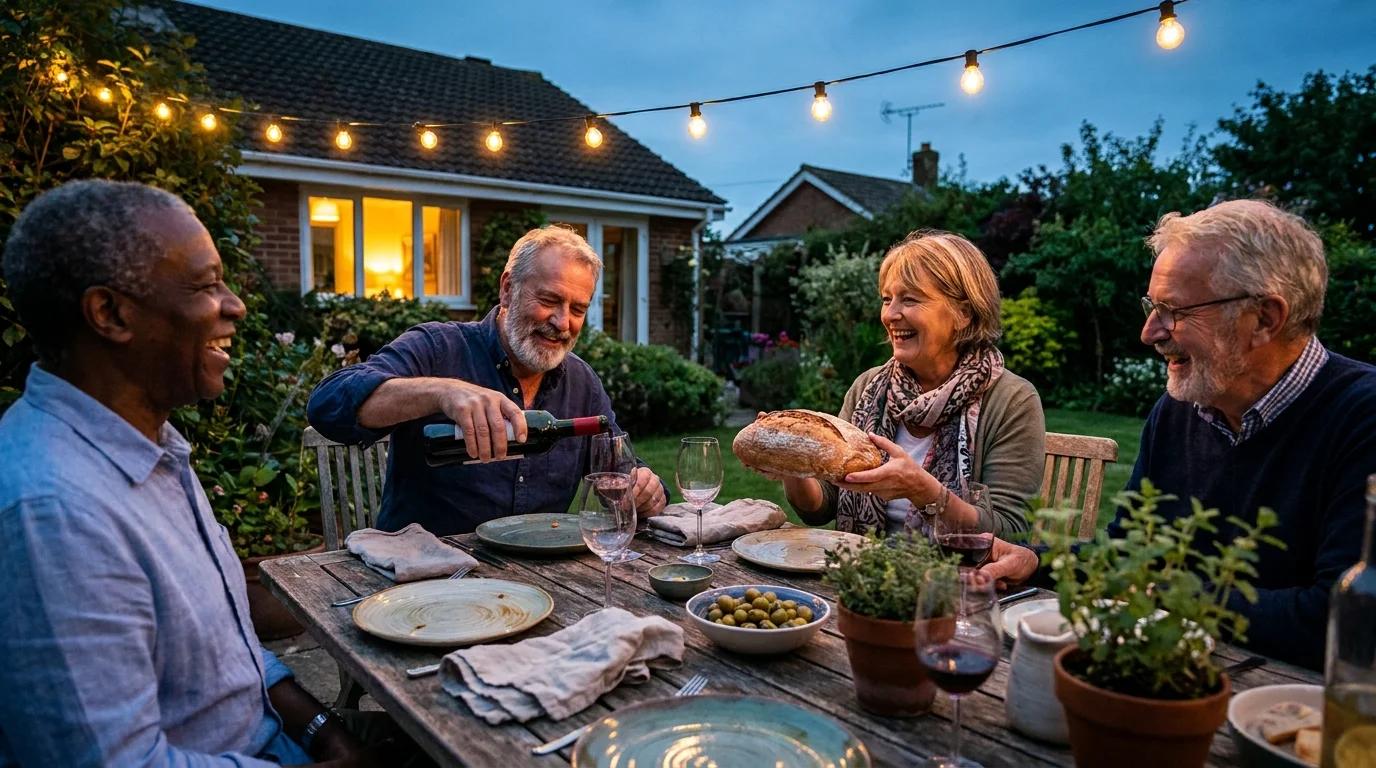 A group of senior friends laughing and sharing a meal together at an outdoor dinner table at twilight.