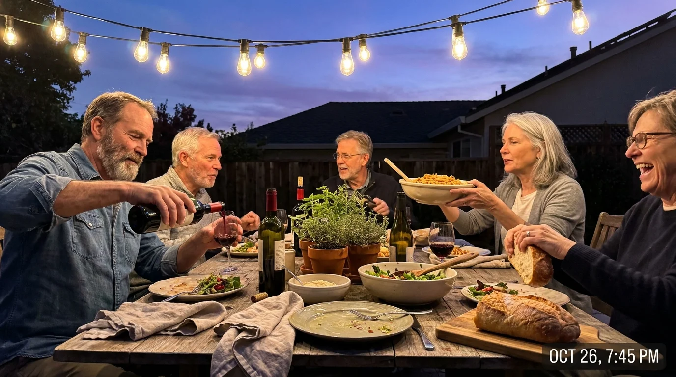 A group of seniors sharing a meal and wine at a long outdoor table under string lights during a backyard supper club.