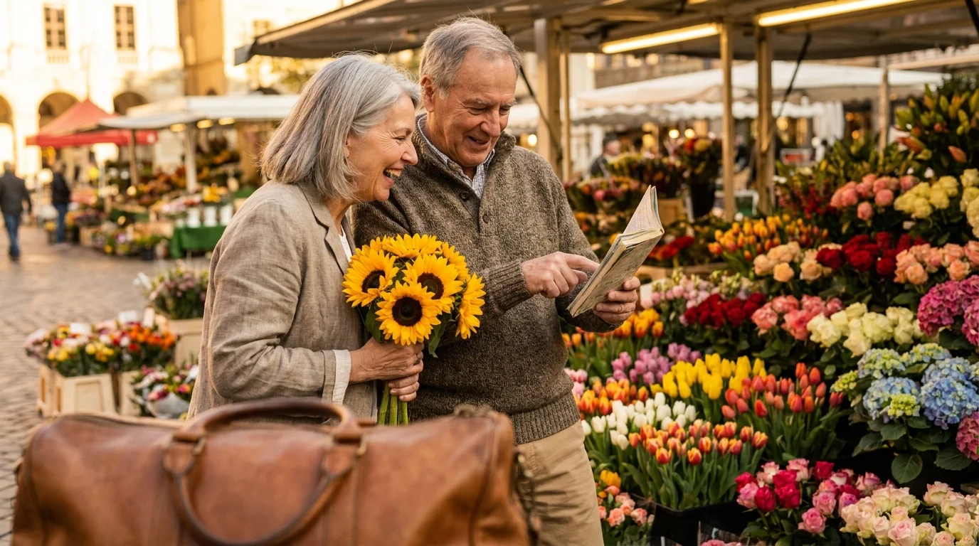 A happy senior couple exploring an outdoor market while traveling, representing the leisure side of retirement.