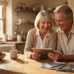 A happy senior couple in a sunny kitchen looking at a tablet and travel brochures, smiling together.