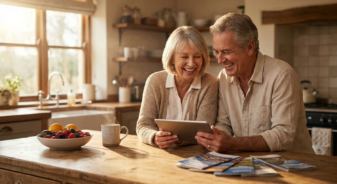 A happy senior couple in a sunny kitchen looking at a tablet and travel brochures, smiling together.
