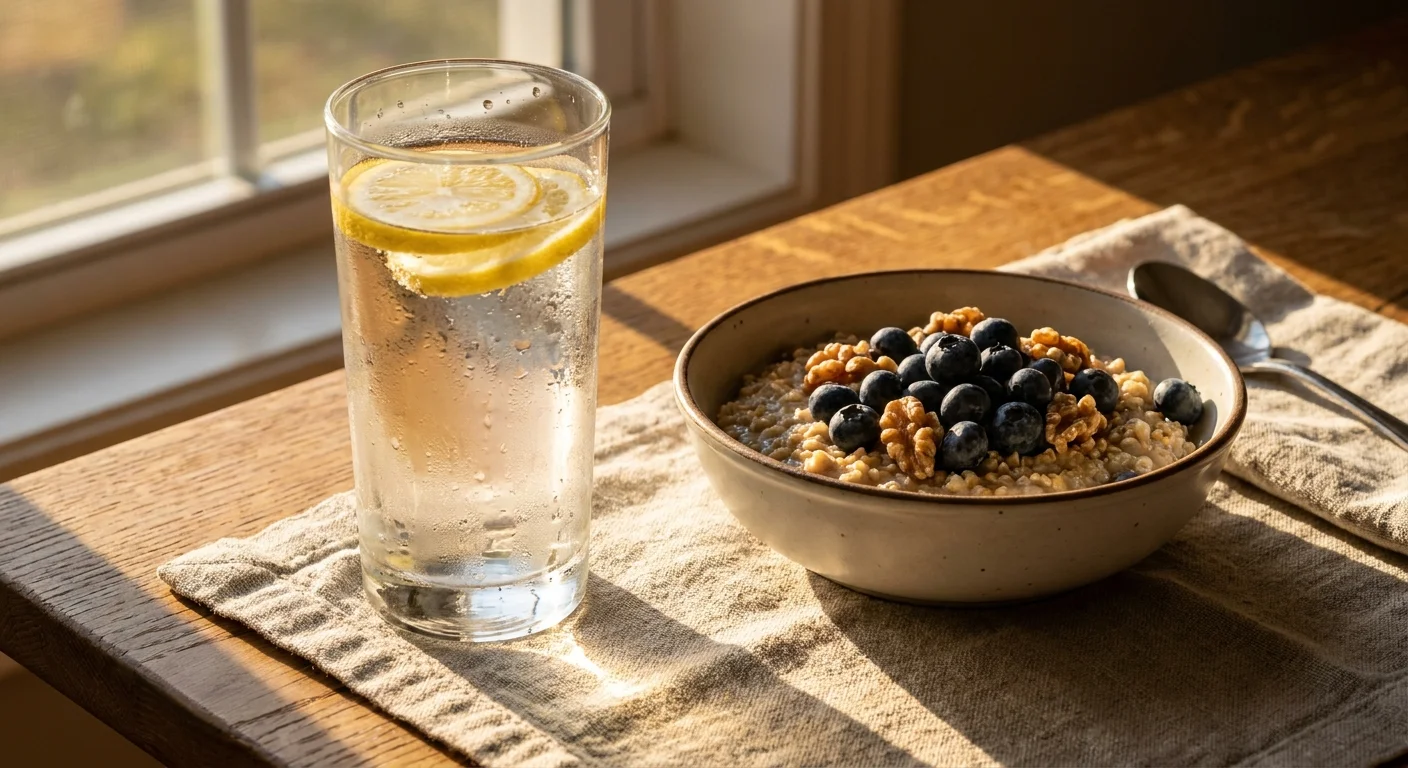A healthy breakfast of oatmeal with blueberries and a glass of lemon water on a wooden table.
