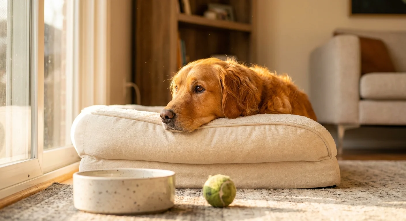 A high-quality, warm photograph of a Golden Retriever resting on a bed in a sunlit corner of a house.