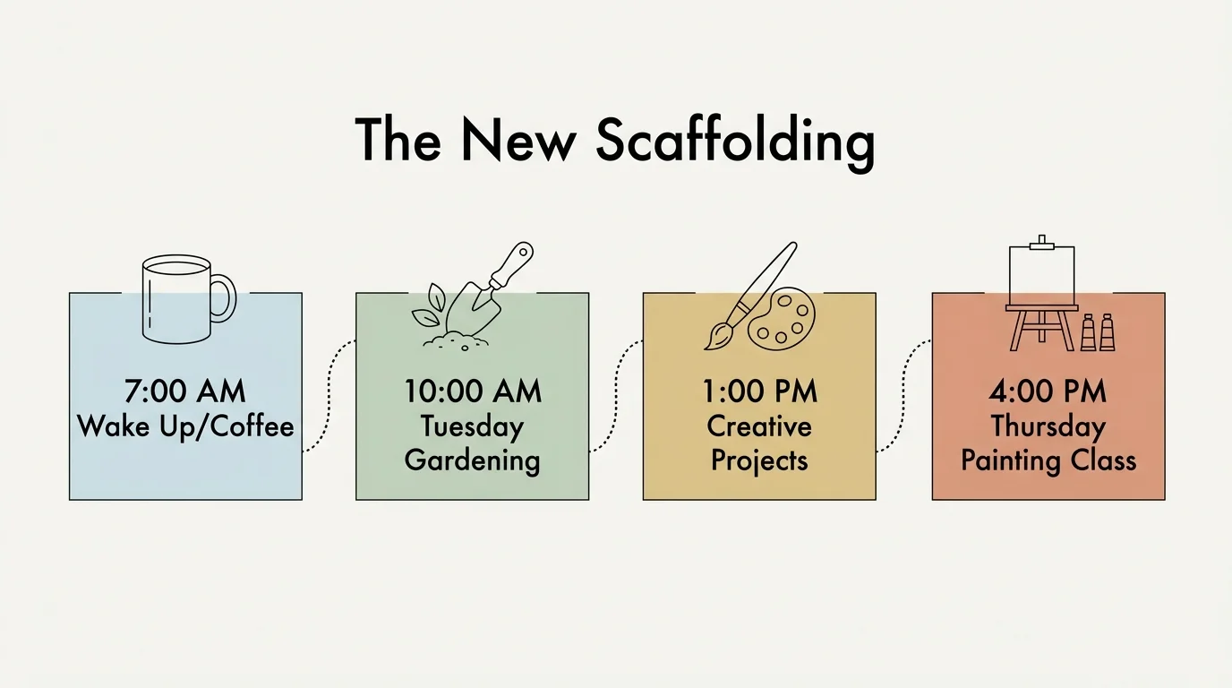 A horizontal infographic showing a structured daily schedule for retirees, including blocks for gardening and painting classes.
