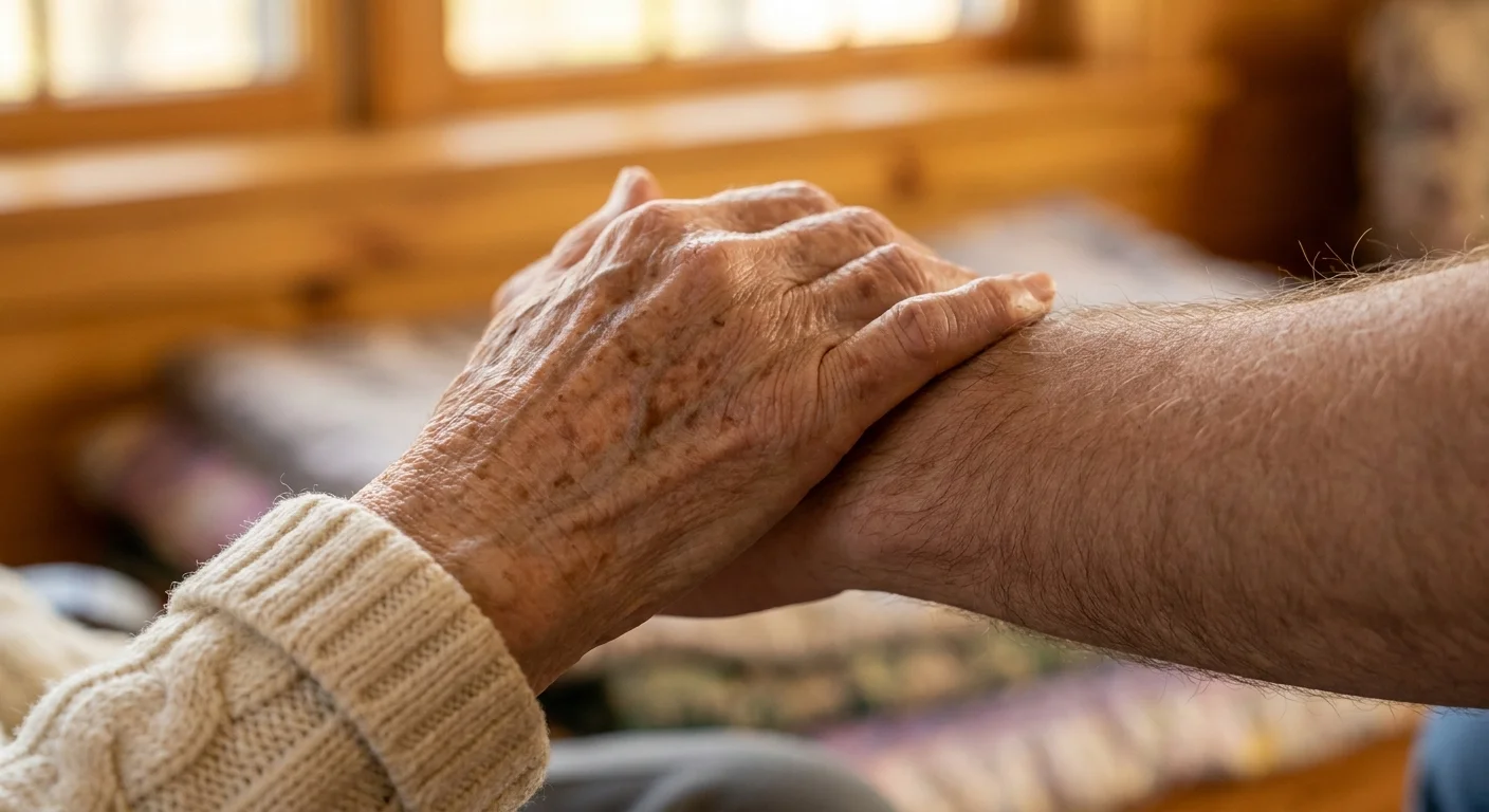A macro close-up of an older hand resting supportively on a partner's forearm, showing realistic skin textures.