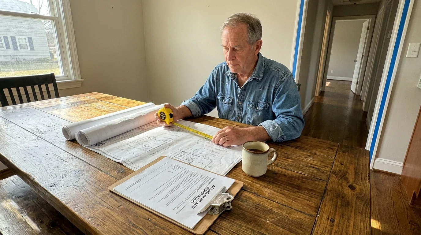 A man at a kitchen table with home renovation blueprints and a contractor's quote, planning for aging-in-place upgrades.
