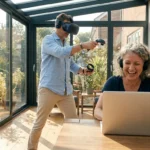 A man in a VR headset paints digitally while a woman records a podcast in a sunlit modern home, representing active retirement hobbies.