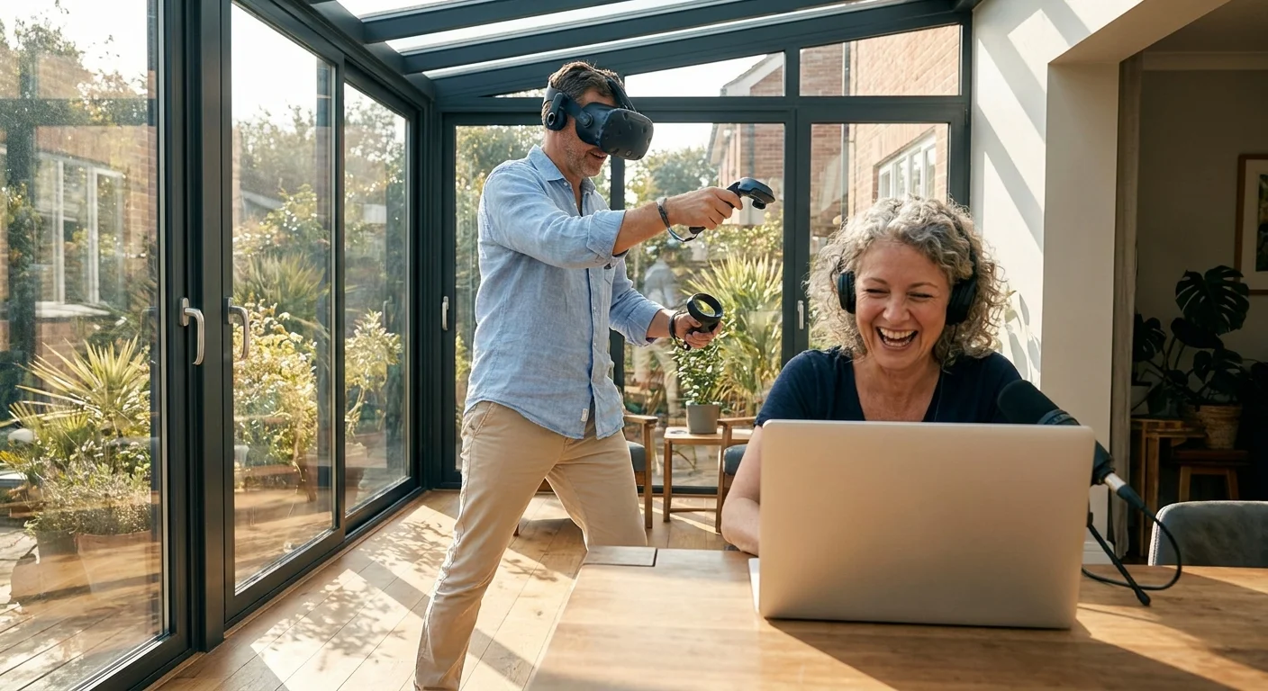 A man in a VR headset paints digitally while a woman records a podcast in a sunlit modern home, representing active retirement hobbies.