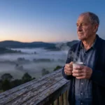 A man in his 60s enjoys a quiet morning on his deck at sunrise with a cup of coffee, overlooking a misty landscape.