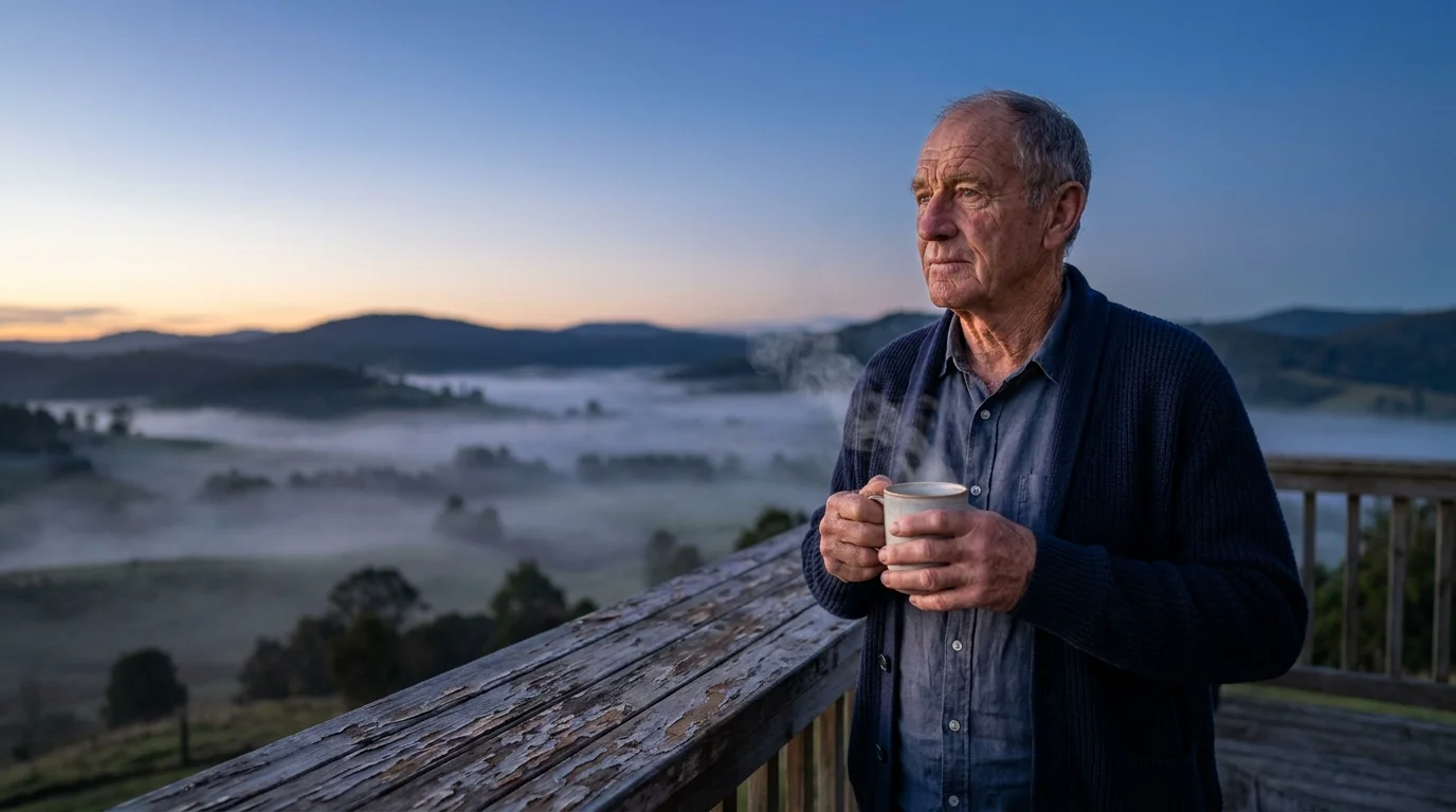 A man in his 60s enjoys a quiet morning on his deck at sunrise with a cup of coffee, overlooking a misty landscape.
