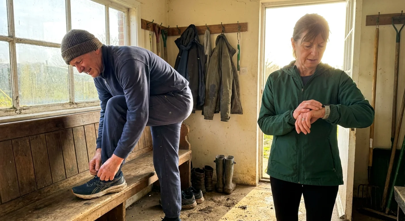 A man in his 60s winces while tying running shoes on a bench while his partner stands in the doorway checking her watch.