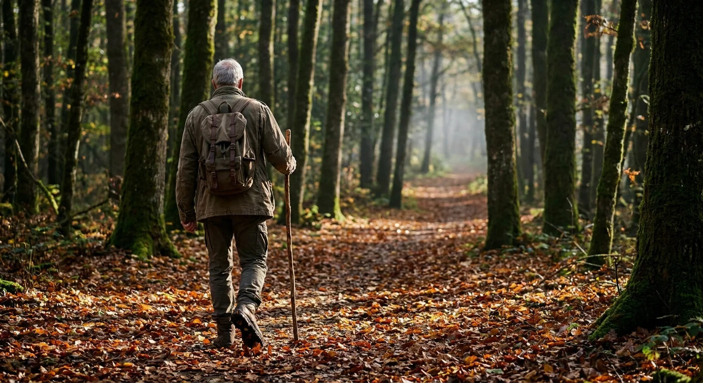 A man walking with a stick down a sun-dappled forest path covered in autumn leaves.