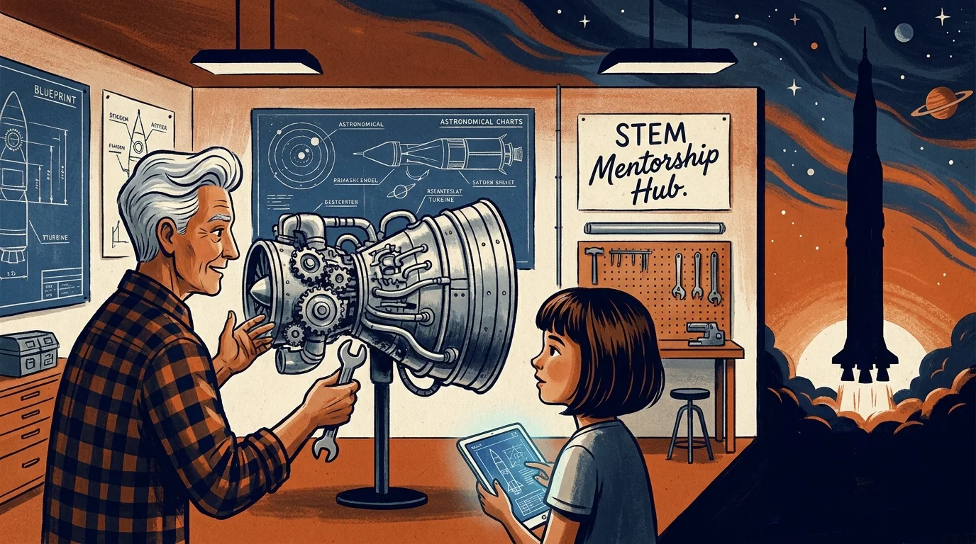 A mid-century style illustration of a retired engineer mentoring a student in a workshop with a large rocket in the background.