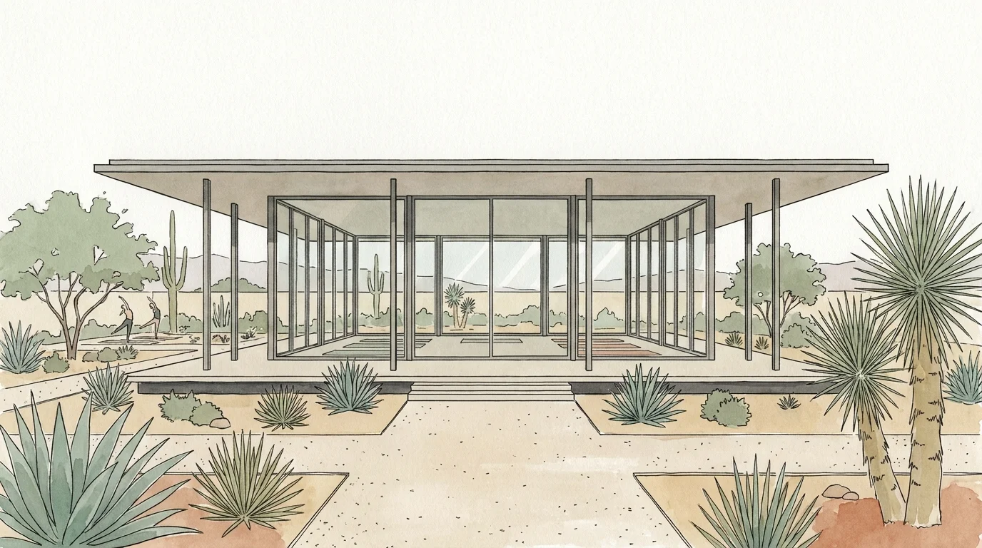 A minimalist architectural illustration of a modern desert yoga pavilion surrounded by agave and yucca plants.