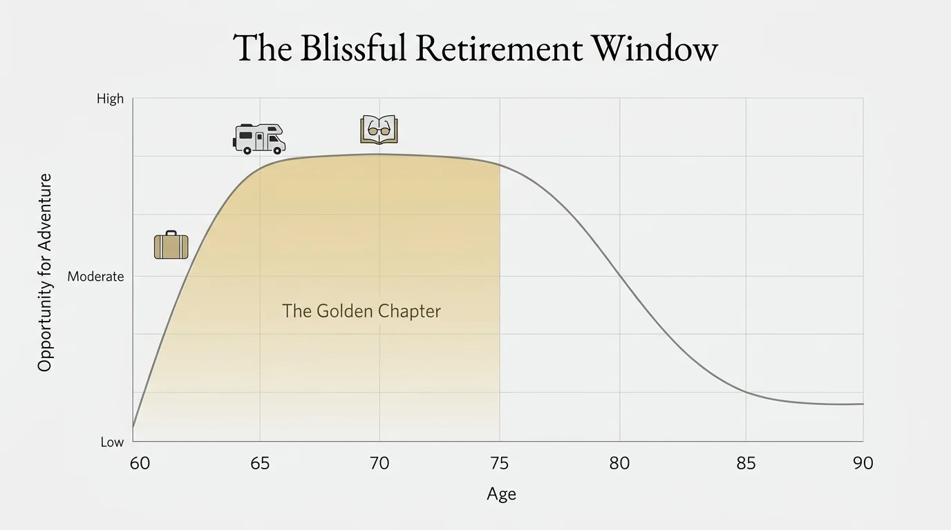 A minimalist graph titled 'The Blissful Retirement Window' showing a peak of adventure opportunity between ages 60 and 75.
