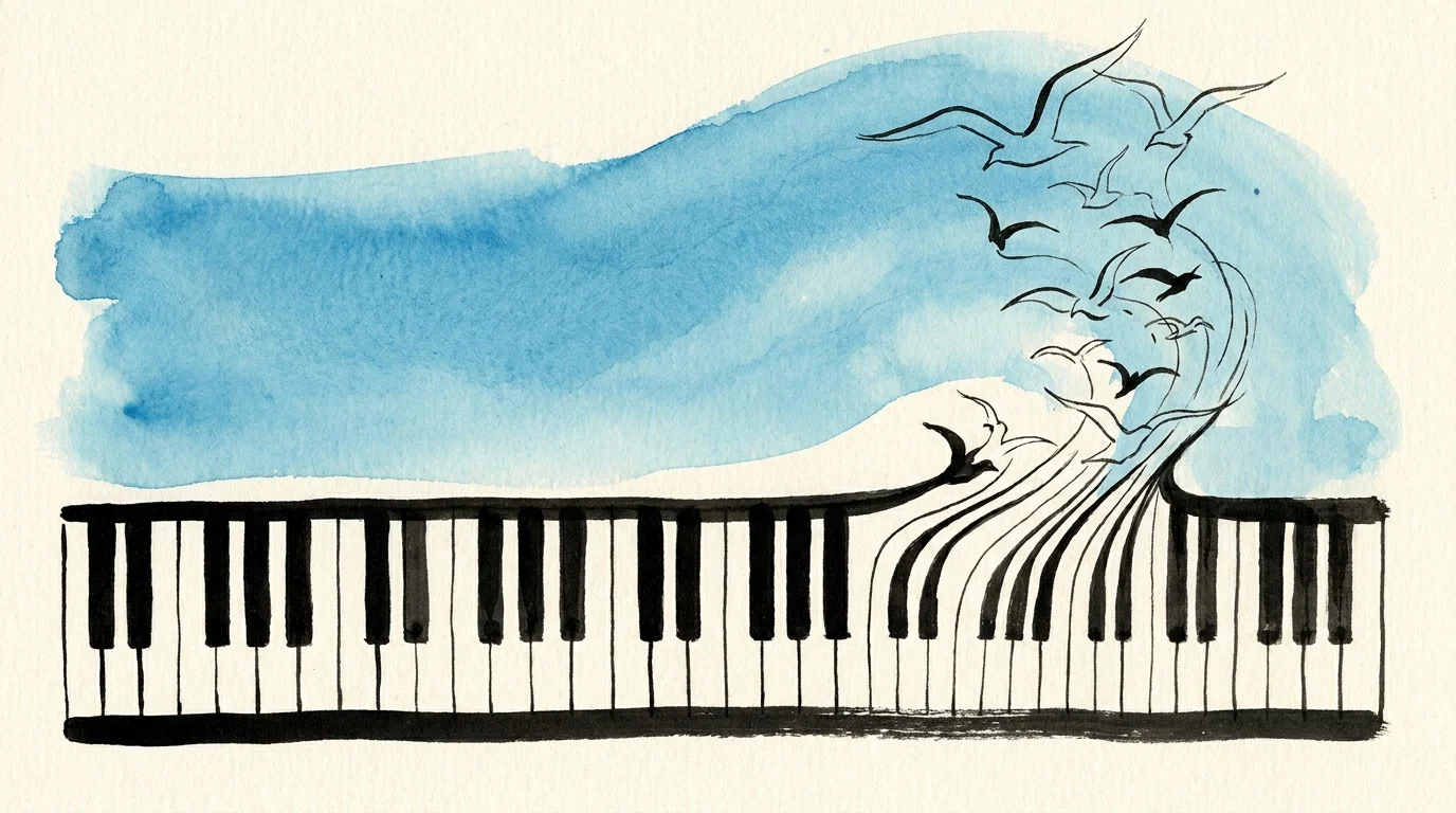 A minimalist illustration of piano keys turning into birds flying into a blue sky.