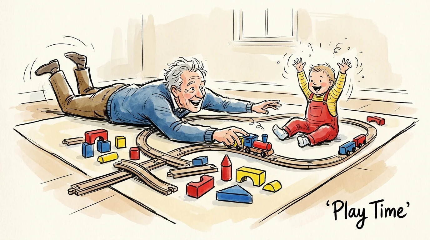 A minimalist sketch of a grandfather playing with a wooden train set on the floor with his toddler grandchild.