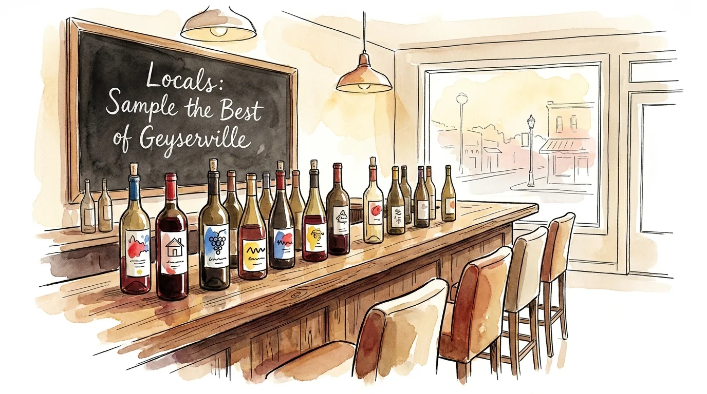 A minimalist watercolor illustration of a wine bar with various bottles and a chalkboard sign reading 'Locals'.
