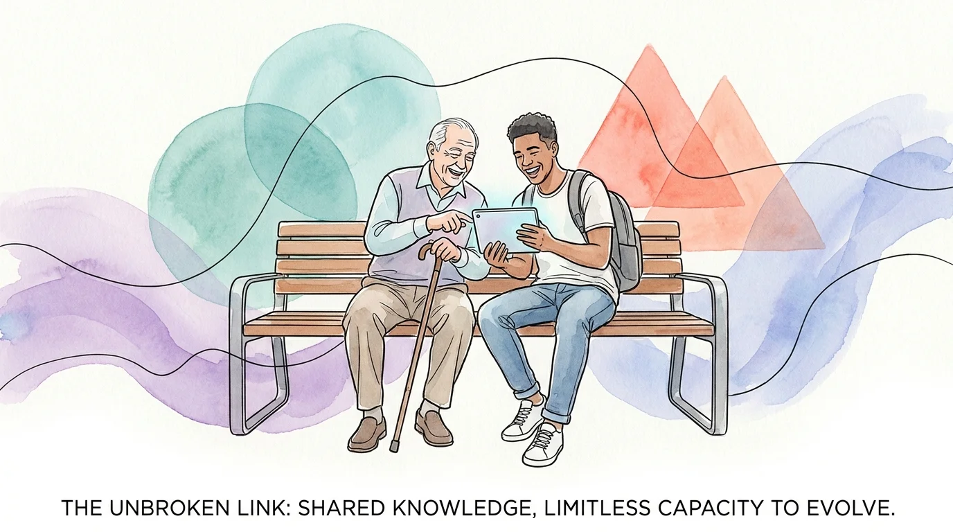 A minimalist watercolor of an older and younger person laughing together while looking at a tablet on a bench.