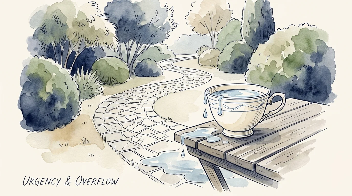 A minimalist watercolor of an overflowing cup in a peaceful garden, metaphorically representing urinary urgency.