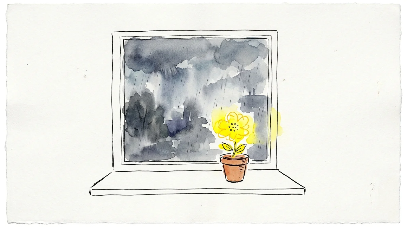 A minimalist watercolor showing a gray rainy window with a single bright yellow flower on the sill, symbolizing hope.