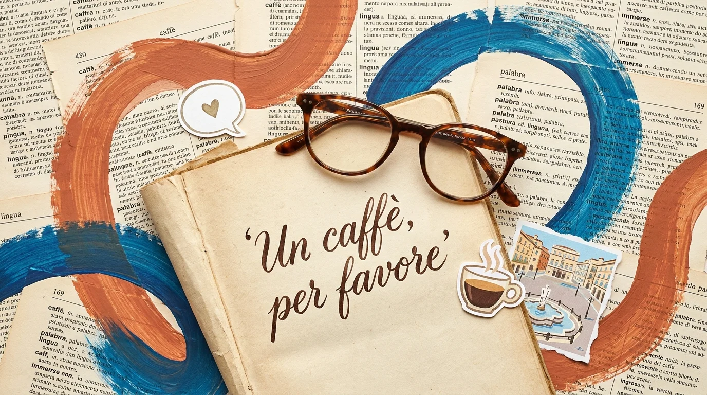 A mixed media art piece with foreign language dictionary pages, reading glasses, and a handwritten Italian phrase.