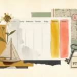 A mixed media collage featuring a calendar with highlighted weekends, a map, a pressed flower, and a miniature sailboat on textured paper.