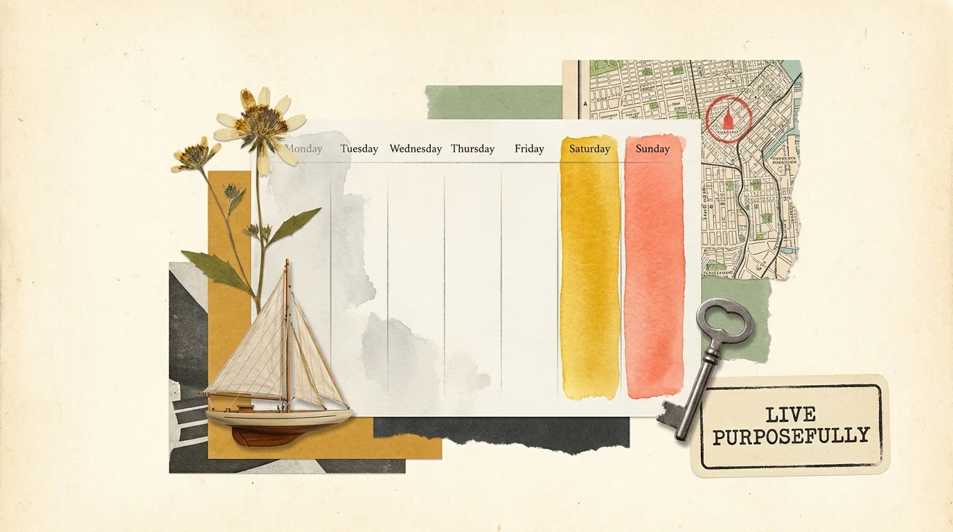 A mixed media collage featuring a calendar with highlighted weekends, a map, a pressed flower, and a miniature sailboat on textured paper.