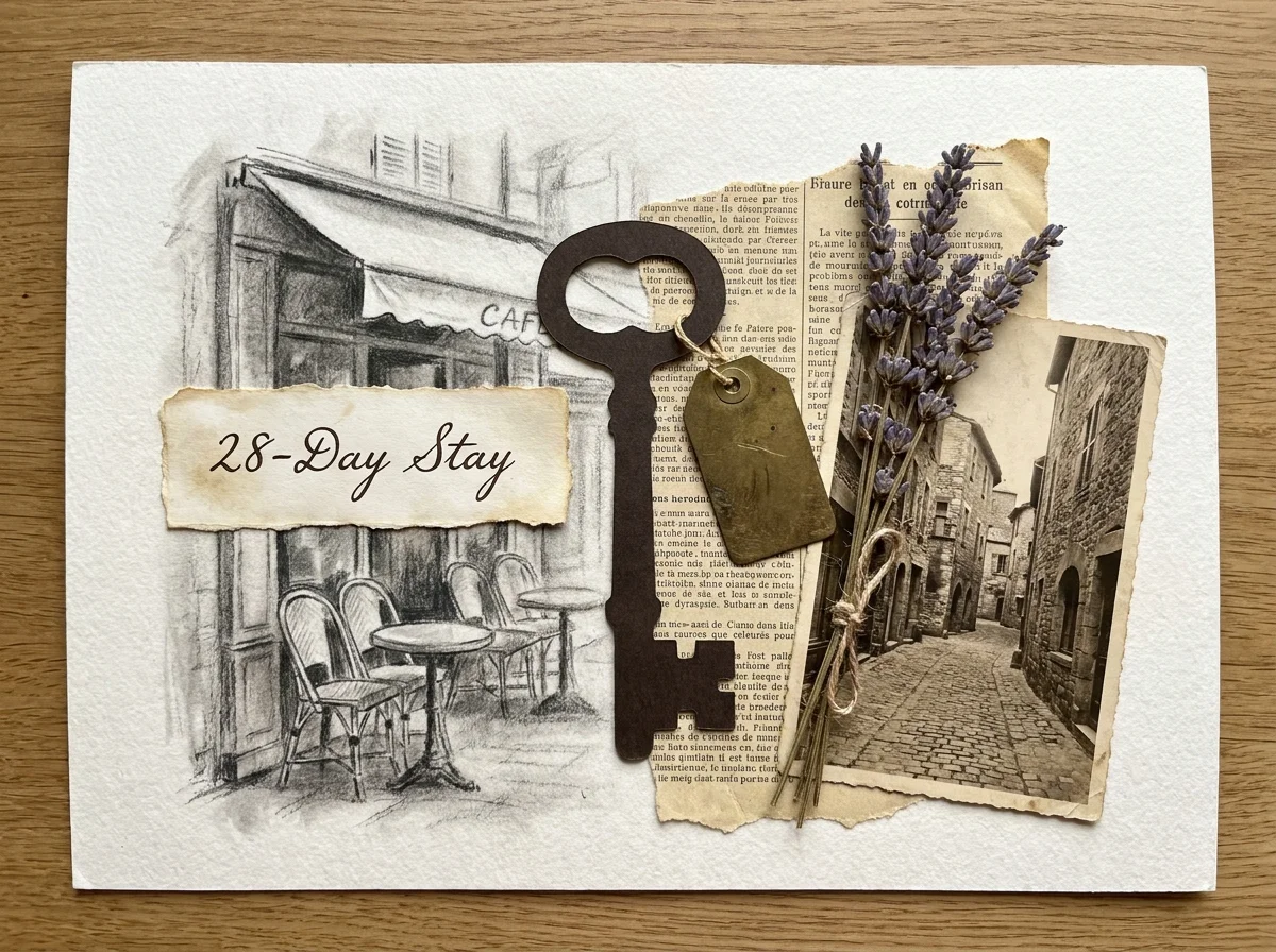 A mixed media collage featuring a vintage key, a sprig of lavender, and a label reading '28-Day Stay'.