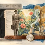 A mixed-media collage featuring vintage ledger paper and a professional silhouette transitioning into vibrant garden sketches and morning co