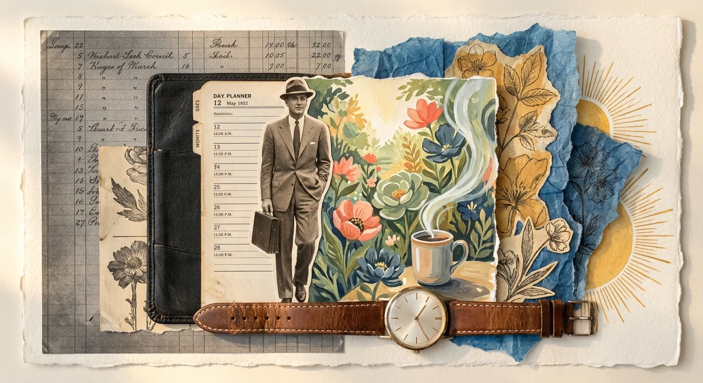 A mixed-media collage featuring vintage ledger paper and a professional silhouette transitioning into vibrant garden sketches and morning co
