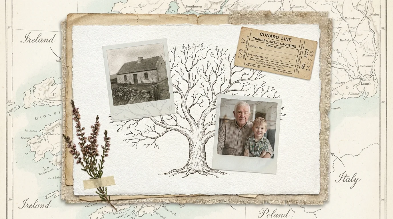 A mixed media collage of a family tree, old photos, and maps representing a heritage trip.