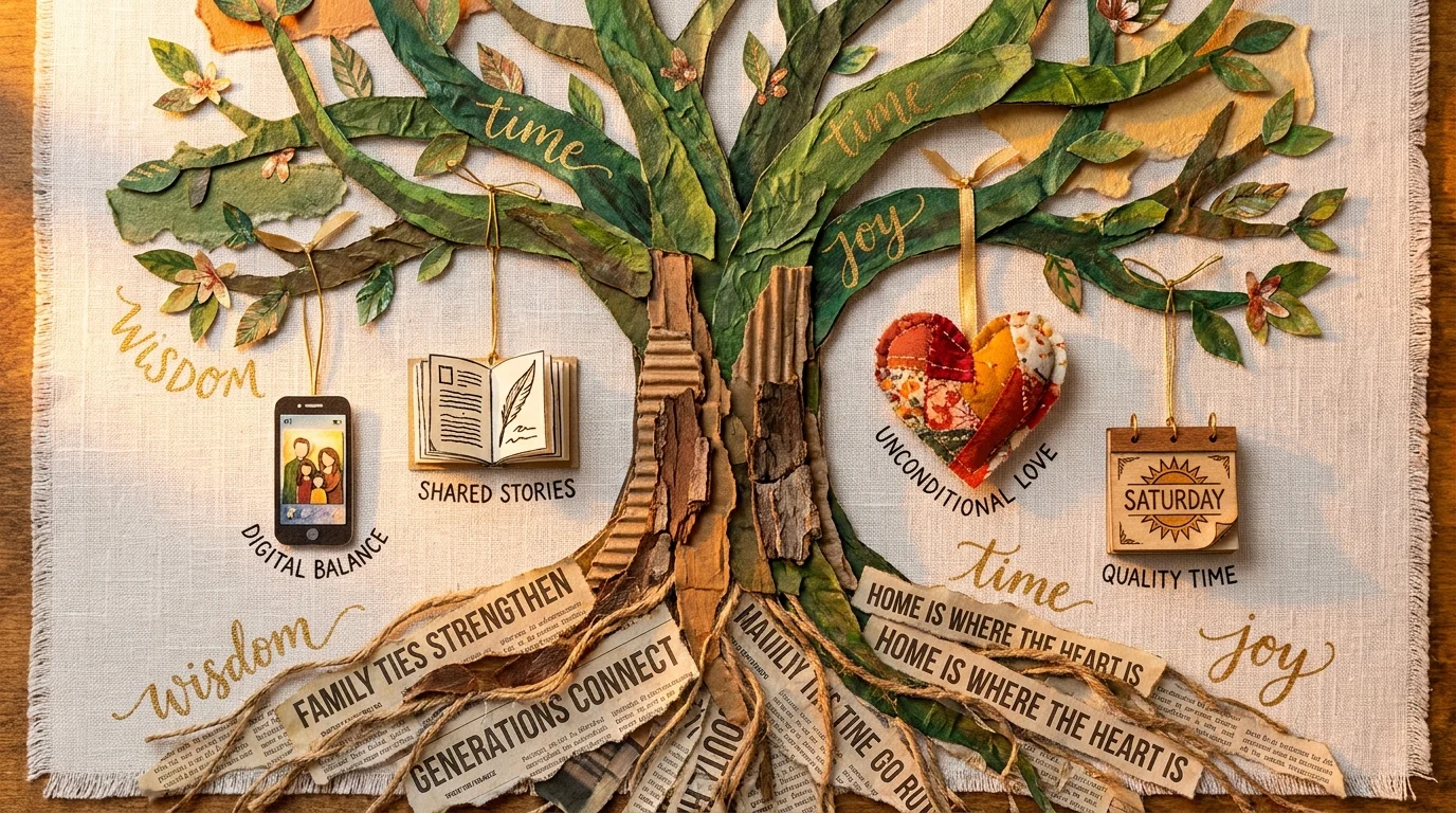 A mixed media collage of a flourishing tree with icons representing technology, stories, and traditions hanging from its branches.