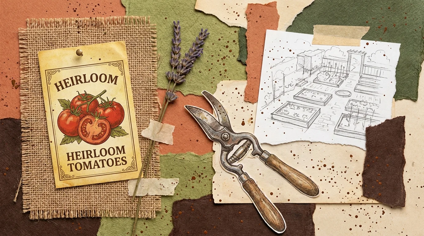 A mixed media collage of gardening items, including a seed packet for heirloom tomatoes and garden tools.