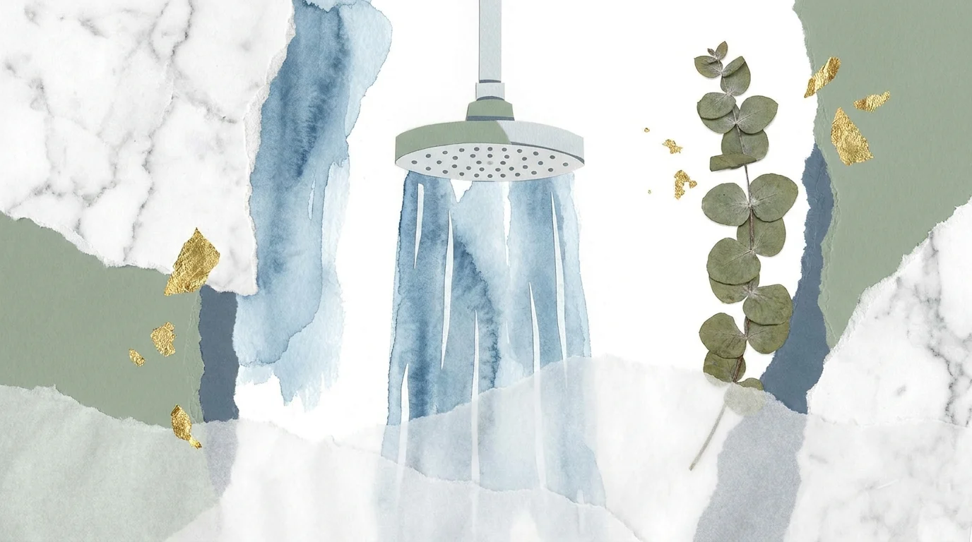 A mixed media collage of marble, water ripples, and eucalyptus leaves, evoking a serene and luxurious spa-like bathroom.