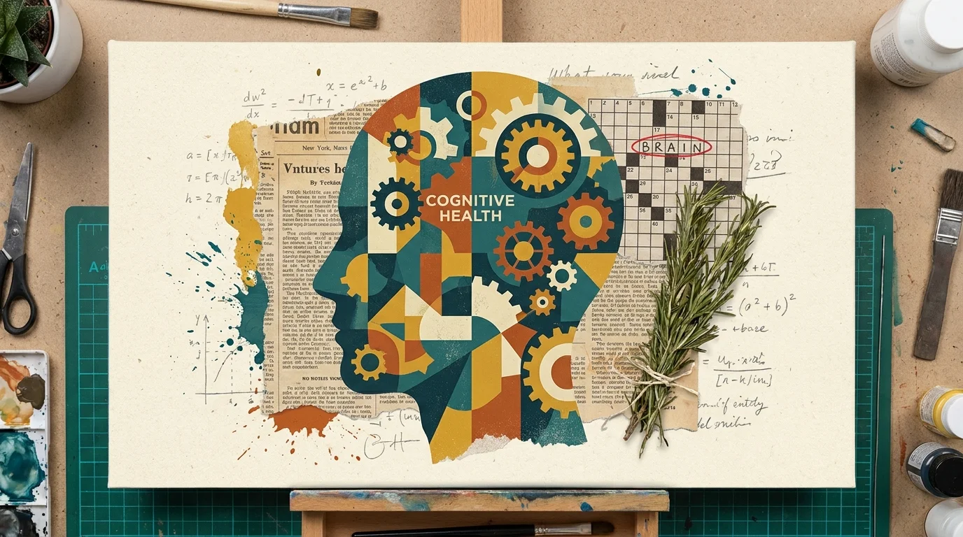A mixed media collage representing brain health, featuring a crossword puzzle and geometric patterns.