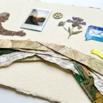 A mixed media collage showing a bridge built from maps, letters, and circuits, connecting two silhouettes representing different generations