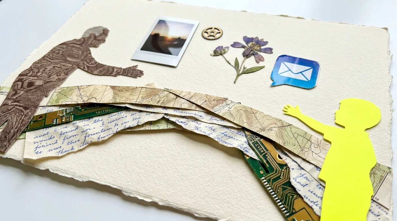 A mixed media collage showing a bridge built from maps, letters, and circuits, connecting two silhouettes representing different generations