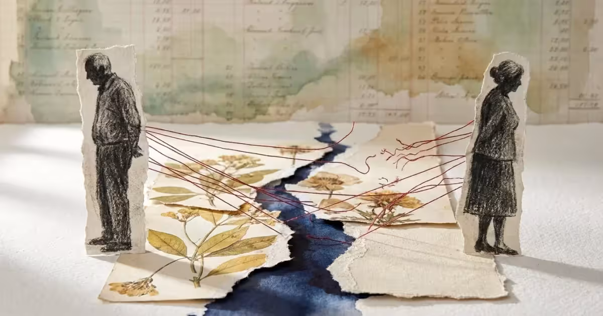 A mixed media collage showing two sketched figures standing apart on a cracking floor made of torn vintage paper and red threads.