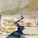 A mixed media collage showing two sketched figures standing apart on a cracking floor made of torn vintage paper and red threads.