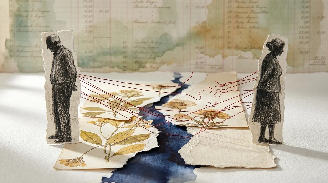 A mixed media collage showing two sketched figures standing apart on a cracking floor made of torn vintage paper and red threads.